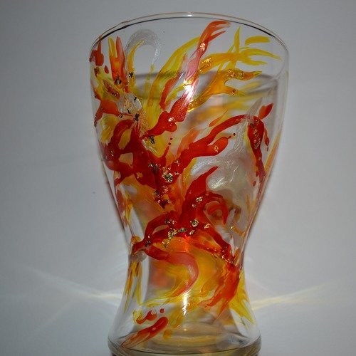 Vase en verre peint style murano rouge et jaune