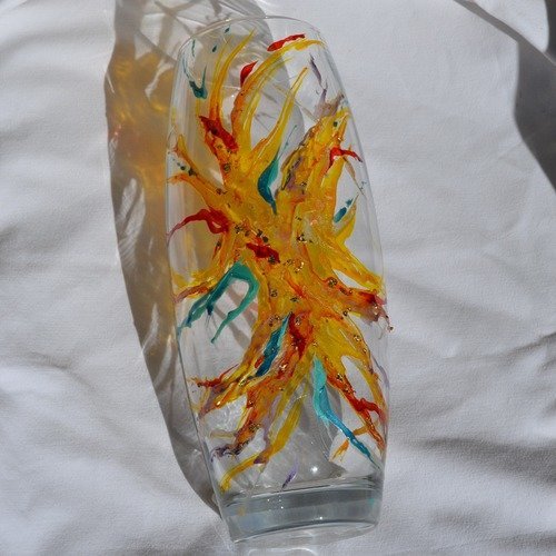 Vase en verre peint style murano jaune, turquoise et rouge
