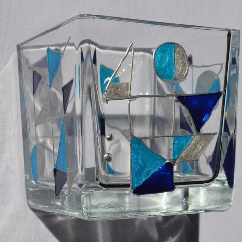 Photophore cube en verre peint motifs graphiques, turquoise, argent et bleu nuit