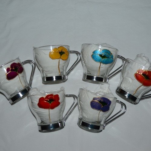 6 tasses expresso en verre peintes "coquelicots multicolores"
