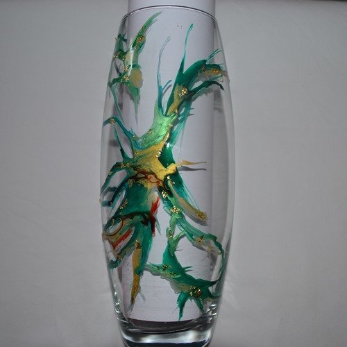 Vase en verre peint style murano vert émeraude et or