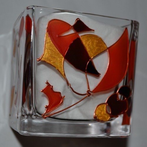 Photophore, vase, pot à coton cube en verre peint motifs graphiques, orange, rouge indien et or