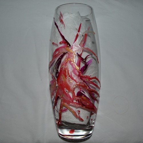 Vase en verre peint style murano rose, pourpre et doré