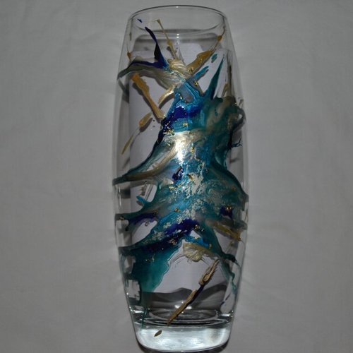 Vase en verre peint style murano en bleu moiré et or