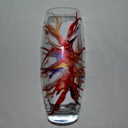 Vase en verre peint style murano en rouge, mauve et or