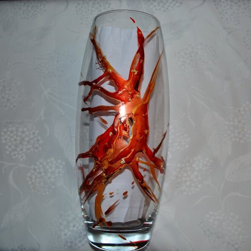 Vase en verre peint style murano en rouge et cuivre