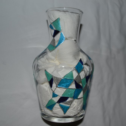 Carafe ou vase peint graphique bleu turquoise, bleu nuit et argent