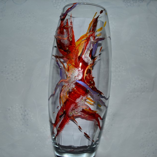 Vase en verre peint style murano rouge et multicolore