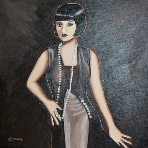 Tableau acrylique "femme rétro au long collier" noir et blanc