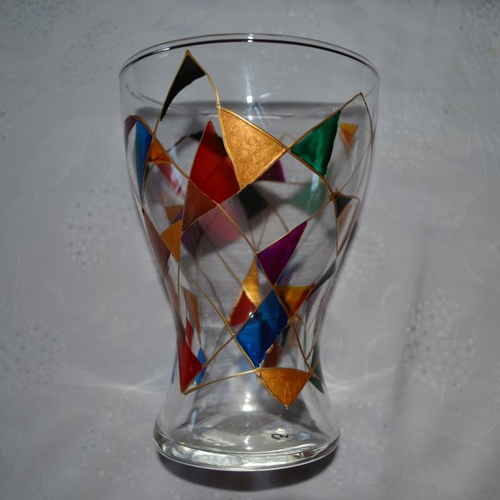 Grand vase en verre peint arlequin multicolore et doré