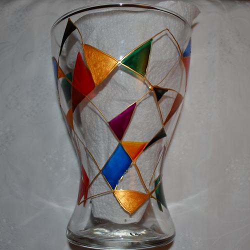 Vase en verre peint graphique, arlequin multicolore et or