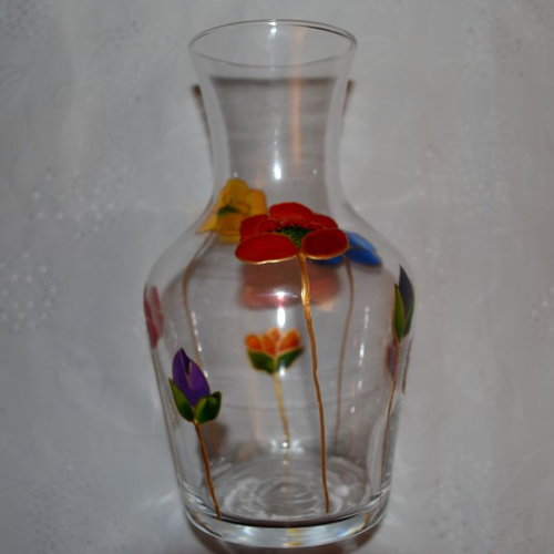 Vase, carafe en verre peint "coquelicots multicolores et or"
