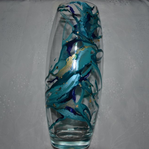 Vase en verre peint style murano turquoise, bleu nuit et or
