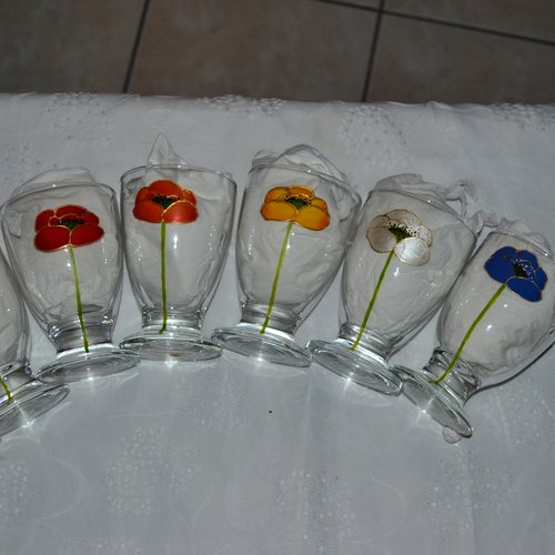 6 verres à eau, vin, jus de fruits ou champagne peints "coquelicots multicolore et or", cadeau de mariage ou anniversaire