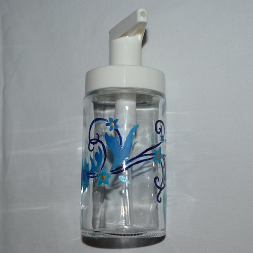 Distributeur de savon liquide en verre peint "fleurs et volutes bleues", salle de bains, cuisine,