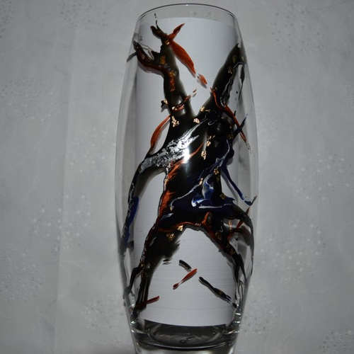Vase en verre peint style murano noir, cuivre, blanc nacré et bleu nuit