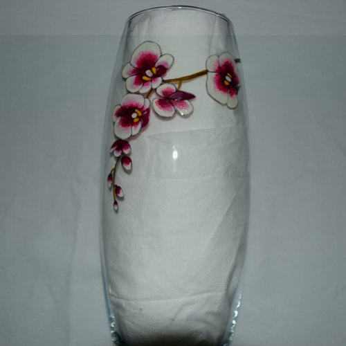Vase en verre peint orchidée rose fuchsia et blanc