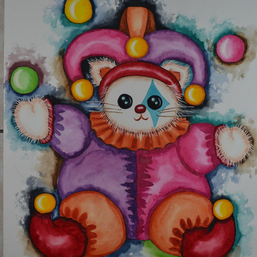 Aquarelle peluche "le chat-clown jongleur"