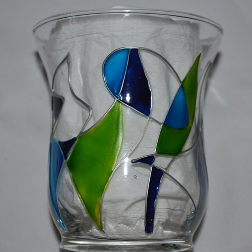 Photophore forme tulipe en verre peint graphique vert et bleu