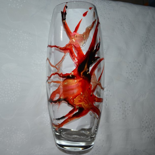 Vase en verre peint style murano rouge, noir et or