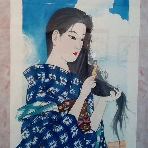 Aquarelle "la geisha aux cheveux dénoués"