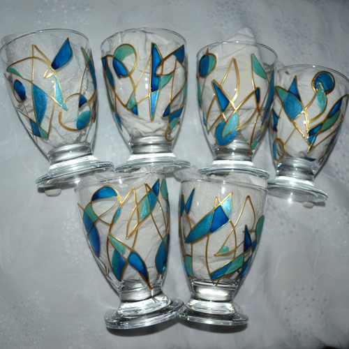 6 verres ou coupes peints à la main "graphiques bleu turquoise et or"