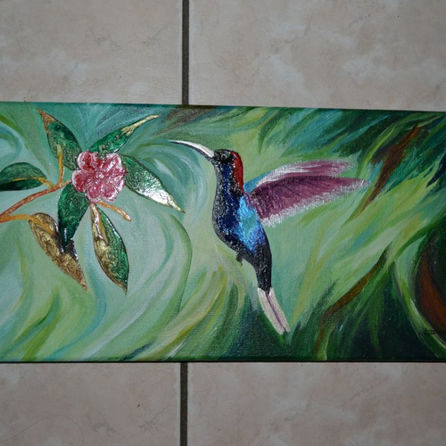 Tableau en relief laque et acrylique "colibri et fleur"