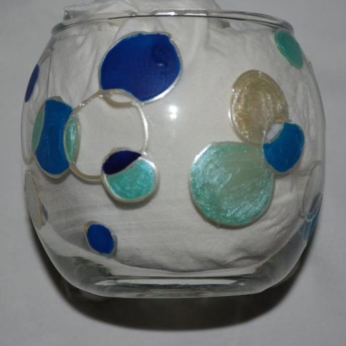 Photophore rond en verre peint graphique cercles bleus