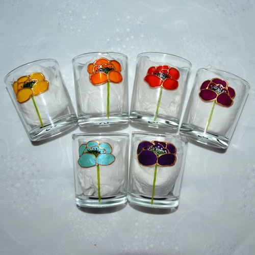 6 verres peints "coquelicots multicolore et or", série "vitrail"