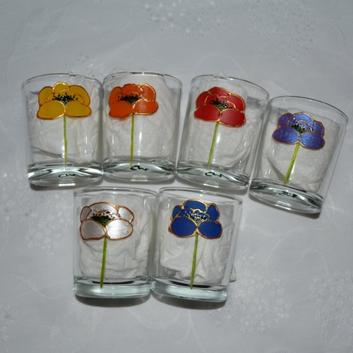 6 verres peints "coquelicots multicolore et or", série "moirée"