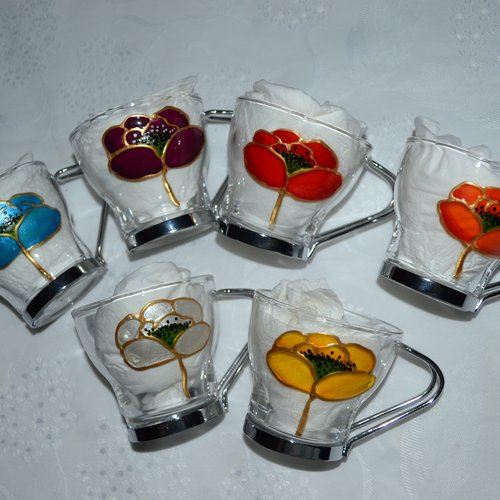 6 tasses expresso en verre peintes "coquelicots multicolores" 2ème série