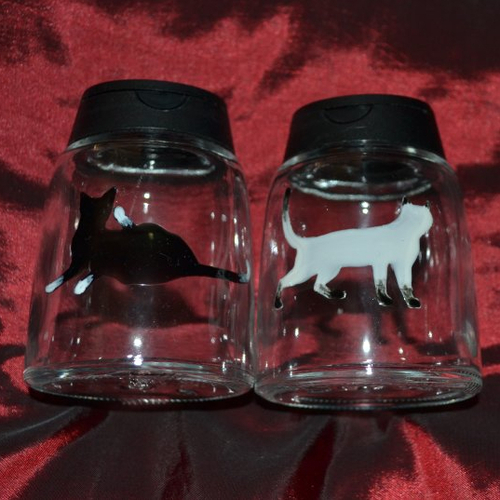 Salière et poivrière en verre peintes "chat noir et chat siamois"
