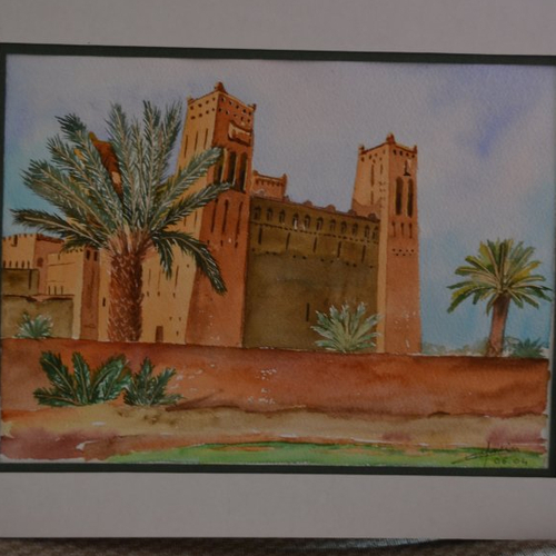 Aquarelle maroc "sud marocain : kasbah"