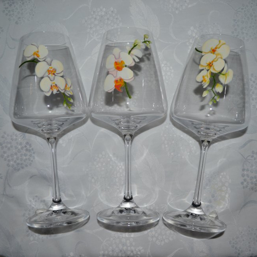 6 verres à vin peints "les orchidées blanches"