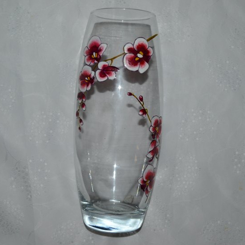 Vase en verre peint 2 branches orchidées roses