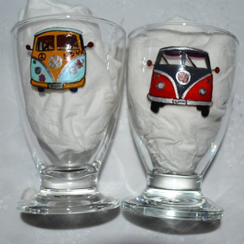 2 verres peints "combi volkswagen multicolore et argent"