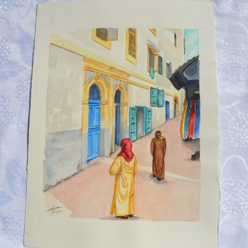 Aquarelle maroc "les rues d'essaouira", livraison rapide