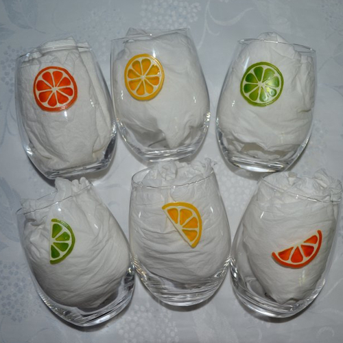 6 verres ronds peints "tranches d'oranges, de citrons verts et jaunes" livraison rapide