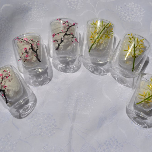 6 tasses expresso en verre double fond peintes "bambous et fleurs de cerisiers et bambous", livraison rapide