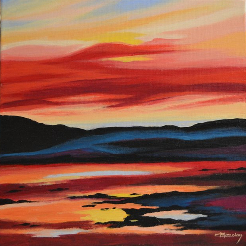 Tableau acrylique "coucher de soleil rouge sur la mer" livraison rapide