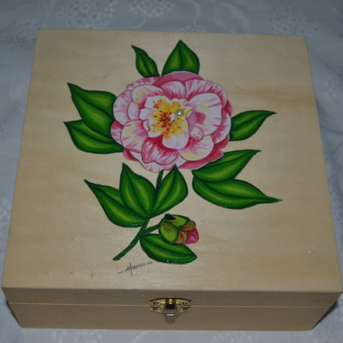Boite à thé en bois peinte  "camélia rose", 6 compartiments livraison rapide