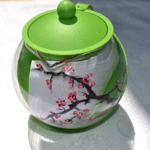 Théière verre et plastique vert peinte "fleurs de sakura" livraison rapide