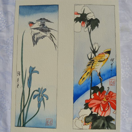 Aquarelle 2 estampes japonaises "hirondelles, loriot, magnolias et iris"