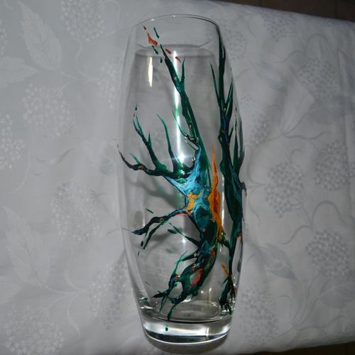Vase en verre peint style murano vert émeraude et cuivre