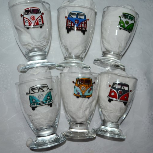 6 verres peints "combi volkswagen multicolore et argent"