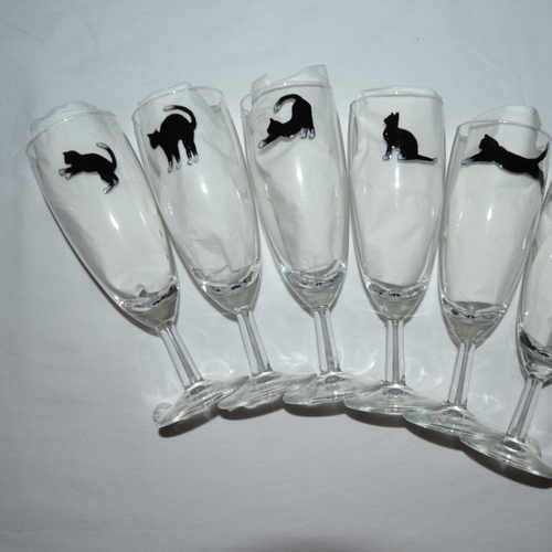 6 flûtes à champagne peintes chats noir et blanc 1ère série