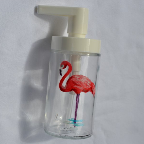Distributeur de savon liquide en verre peint "flamant rose", pour salle de bains, cuisine,