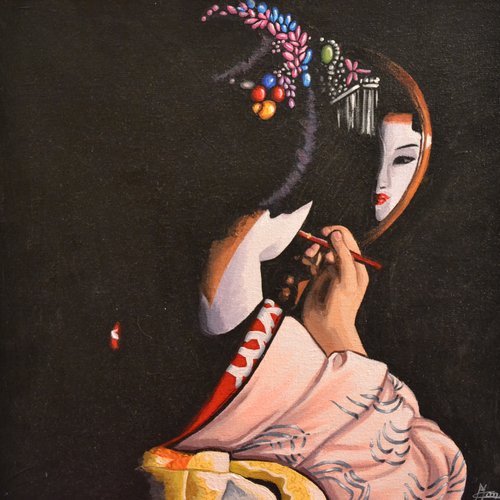 Tableau acrylique japon  "la geisha au kimono rose"