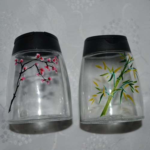 Salière et poivrière en verre peintes "fleurs de cerisier japonais et bambous"