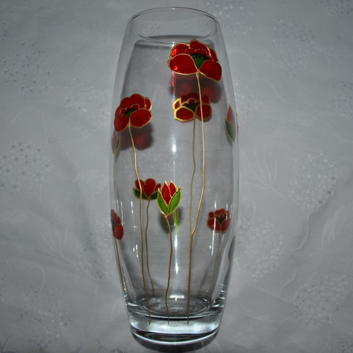 Vase en verre peint "coquelicots rouge et or"
